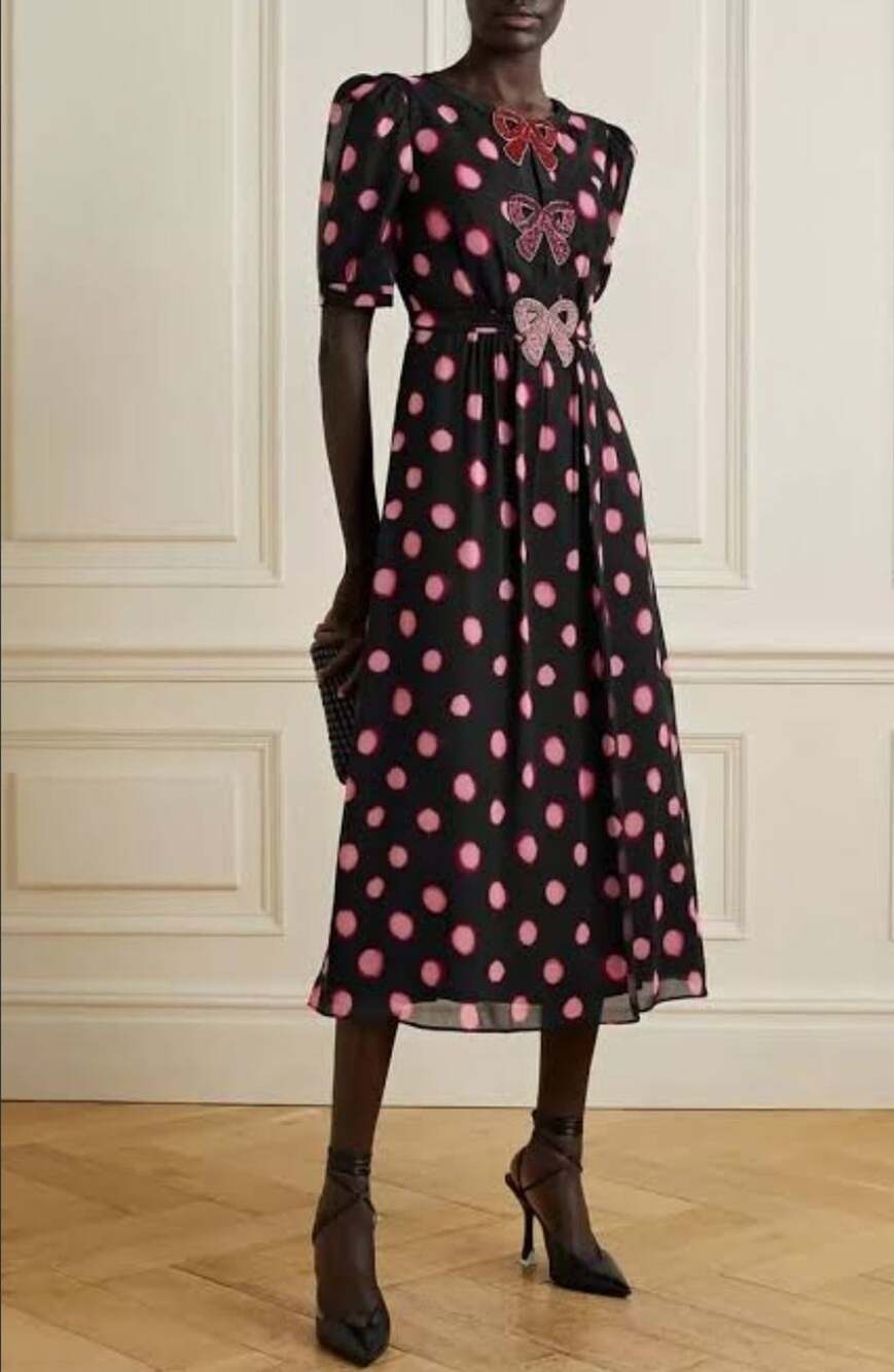 NWT $1001 Saloni Blush Jamie Bow-Applique Polka-Dot Silk Georgette Dress SZ 6